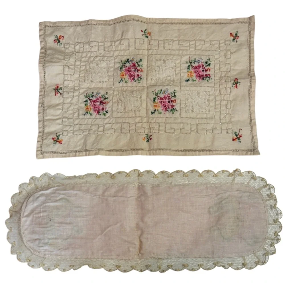 Vintage Embroidered Doily Hand Embroidery Hand Crafted Antique Lace Linen Floral
